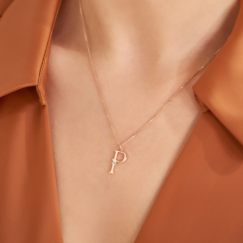 0.02 CT Baguette Cut Diamond P Letter Rose Gold Necklace - 2