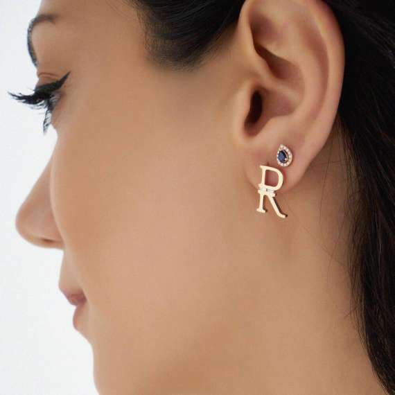 0.03 CT Baguette Cut Diamond R Letter Single Earring - 2