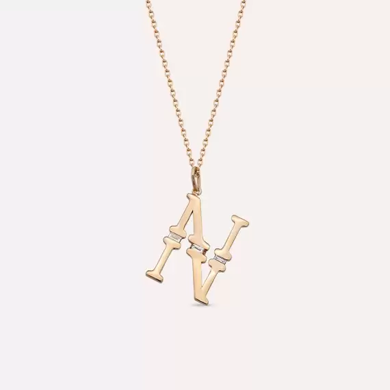 0.04 CT Baguette Cut Diamond N Letter Rose Gold Necklace - 1