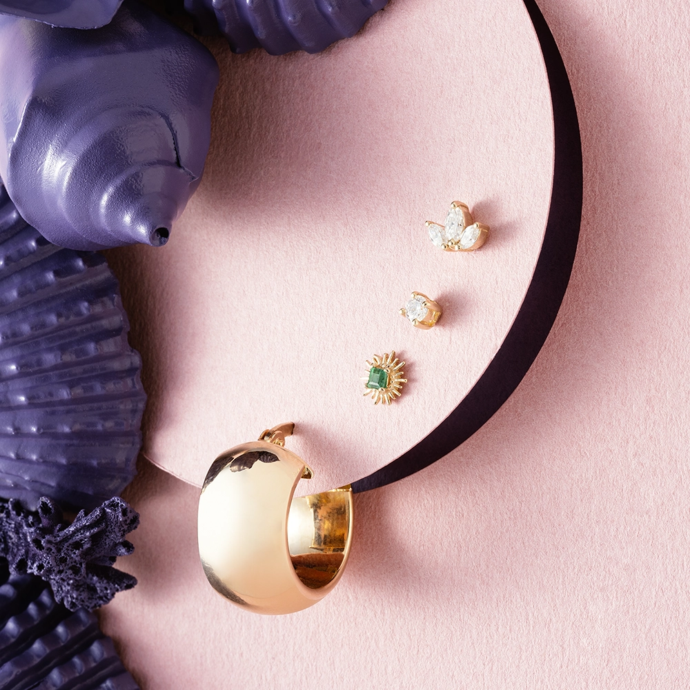 0.06 CT Pırlanta Sarı Altın Tektaş Piercing - 4