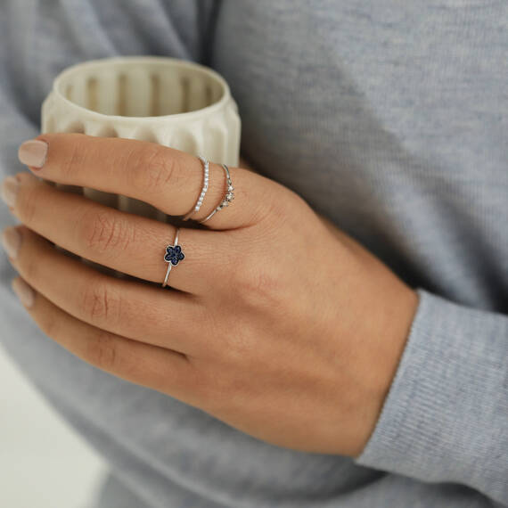 0.14 CT Safir Taşlı Beyaz Altın Çiçek Yüzük - 3