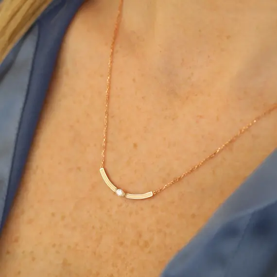 0.16 CT Markiz Kesim Pırlanta Taşlı Bej Mineli Rose Altın Kolye - 2