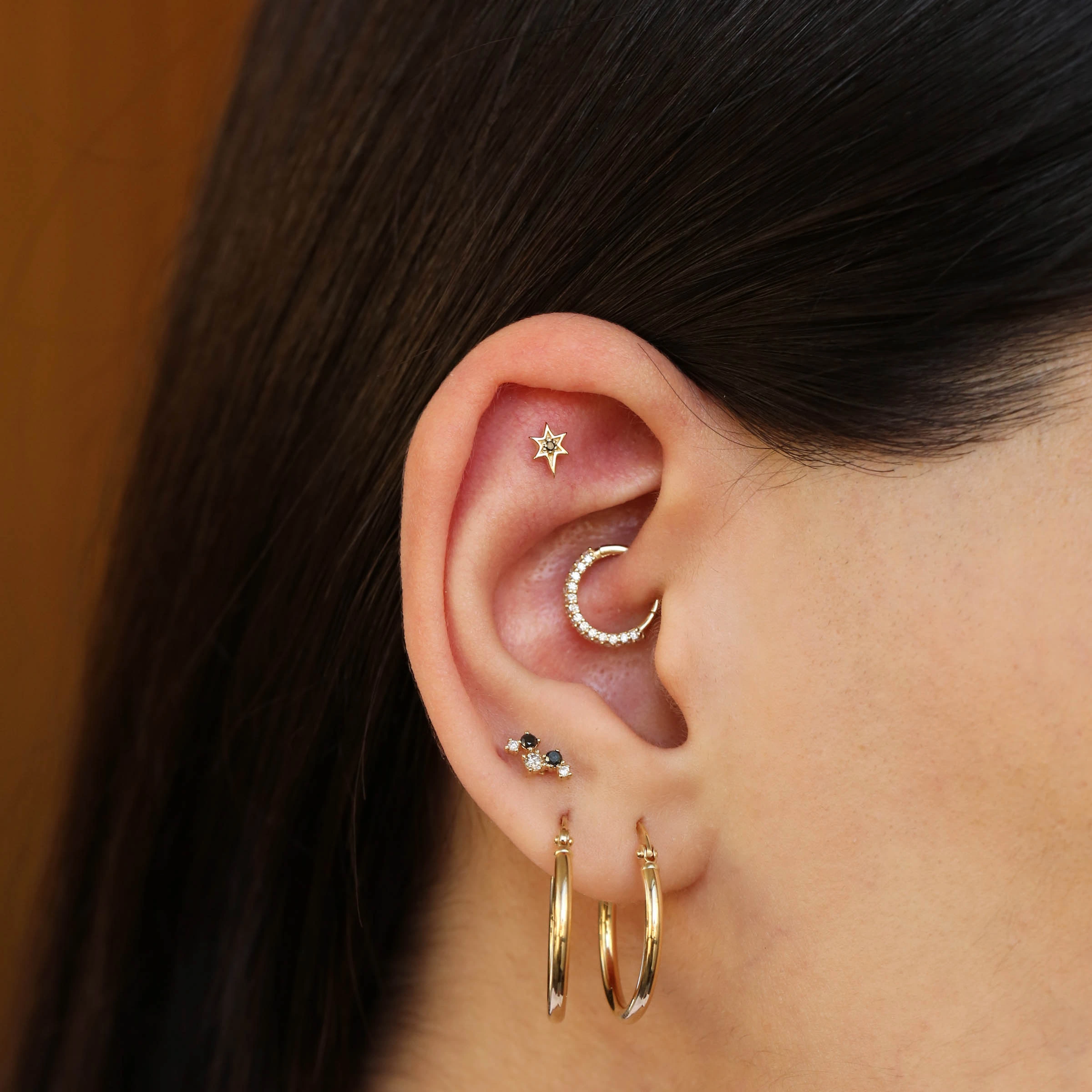 0.16 CT Pırlanta Taşlı Sarı Altın Halka Piercing - 2