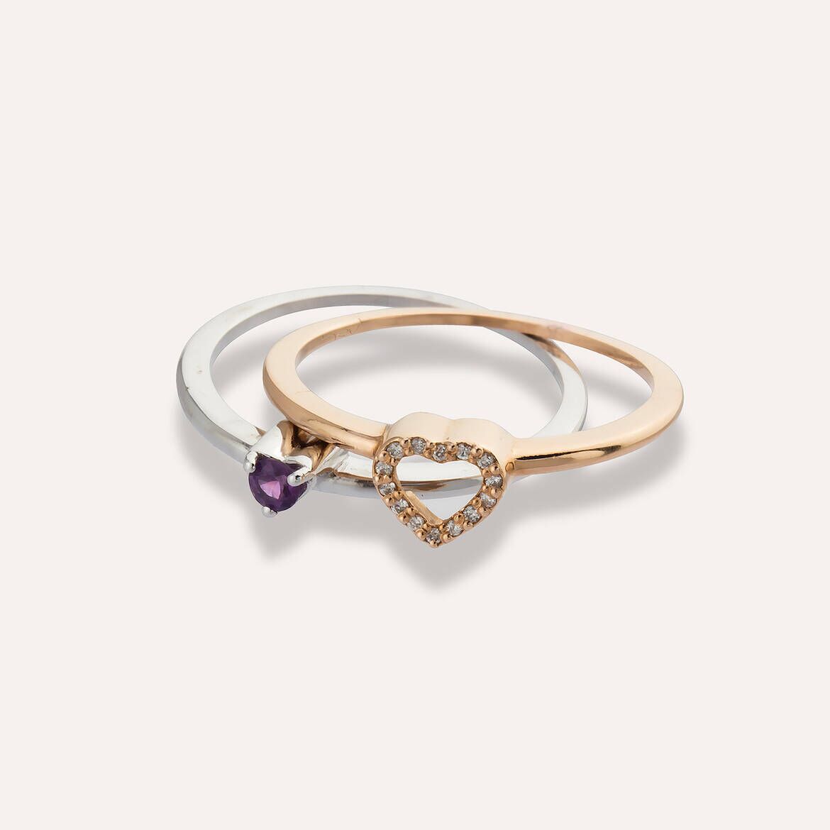 0.16 CT Purple Sapphire and Diamond Double Heart Ring
