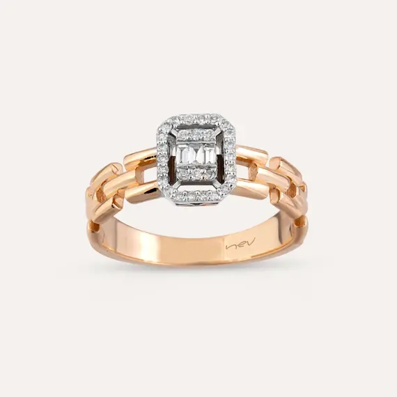 0.19 CT Baget Pırlanta Taşlı Zincir Detaylı Yüzük - 1