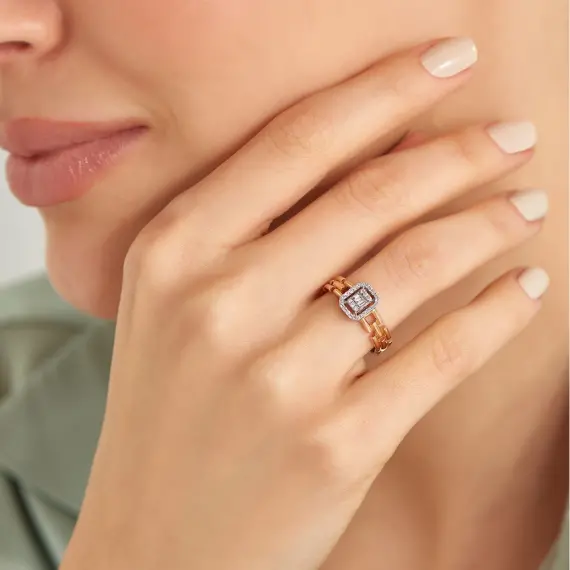 0.19 CT Baget Pırlanta Taşlı Zincir Detaylı Yüzük - 2