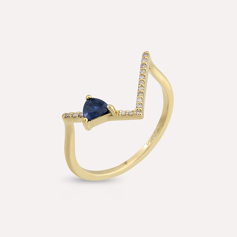 0.32 CT Diamond and Sapphire Yellow Gold Chevron Ring - 1