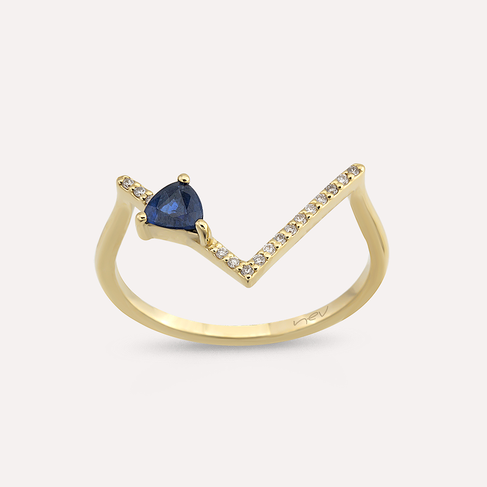 0.32 CT Pırlanta ve Safir Taşlı Sarı Altın V Yüzük - 3