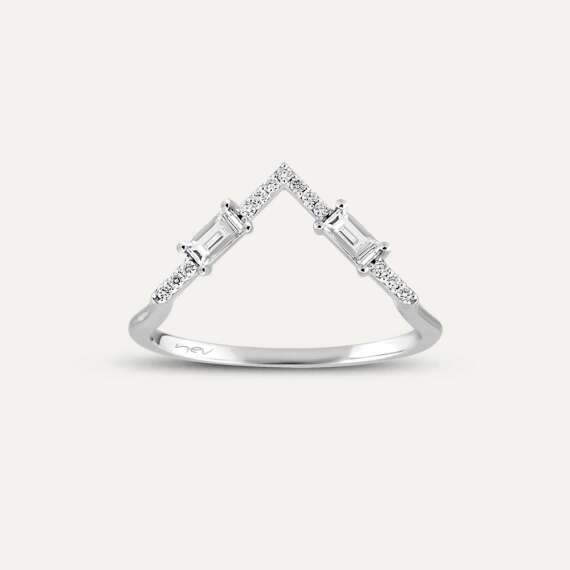 0.25 CT Baget Pırlanta Taşlı Beyaz Altın V Yüzük - 4