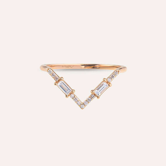 0.25 CT Baget Pırlanta Taşlı Rose Altın V Yüzük - 2