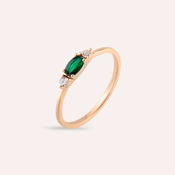 0.32 CT Zümrüt ve Pırlanta Taşlı Rose Altın Yüzük - 1