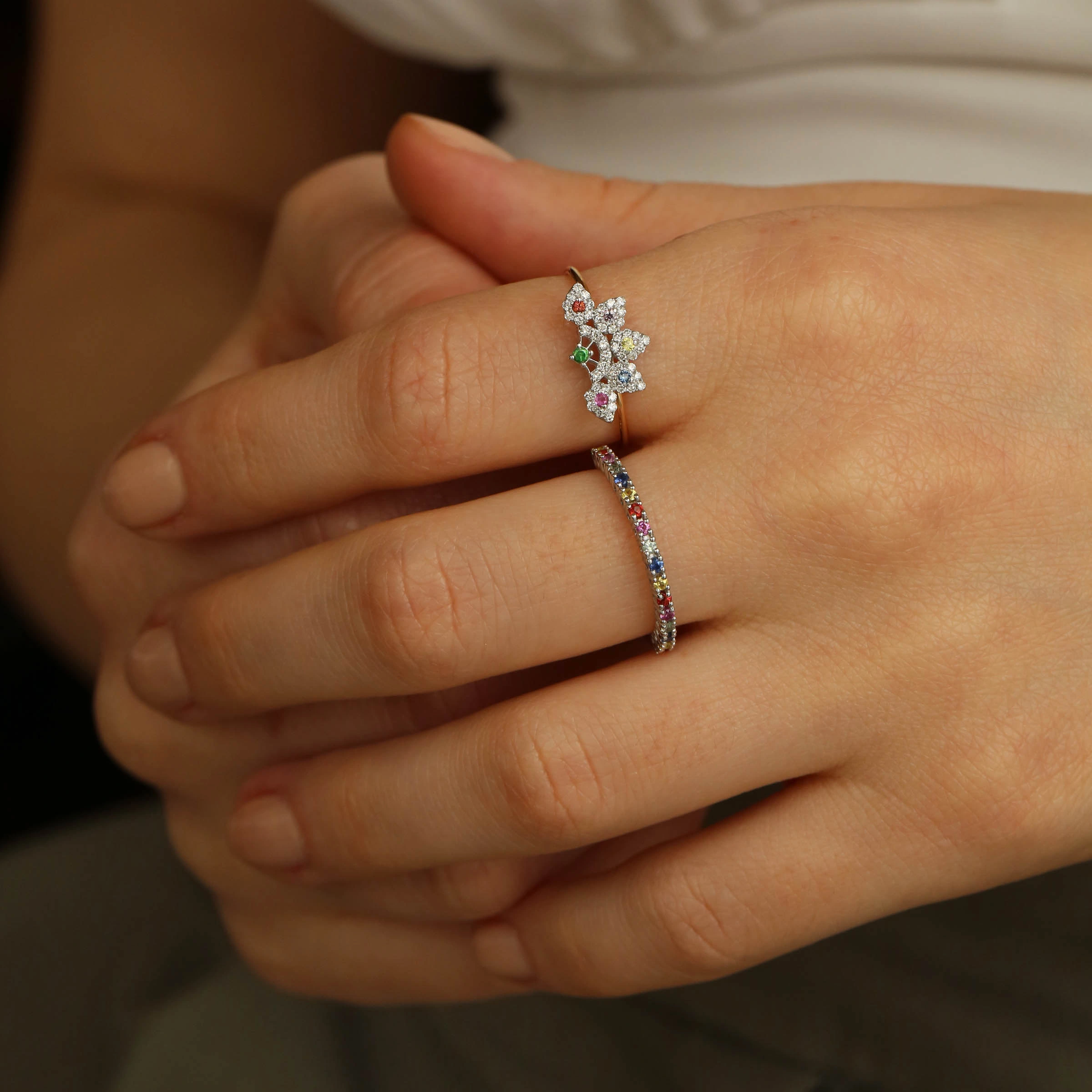 0.27 CT Multicolor Safir Taşlı Yarımtur Beyaz Altın Yüzük - 2