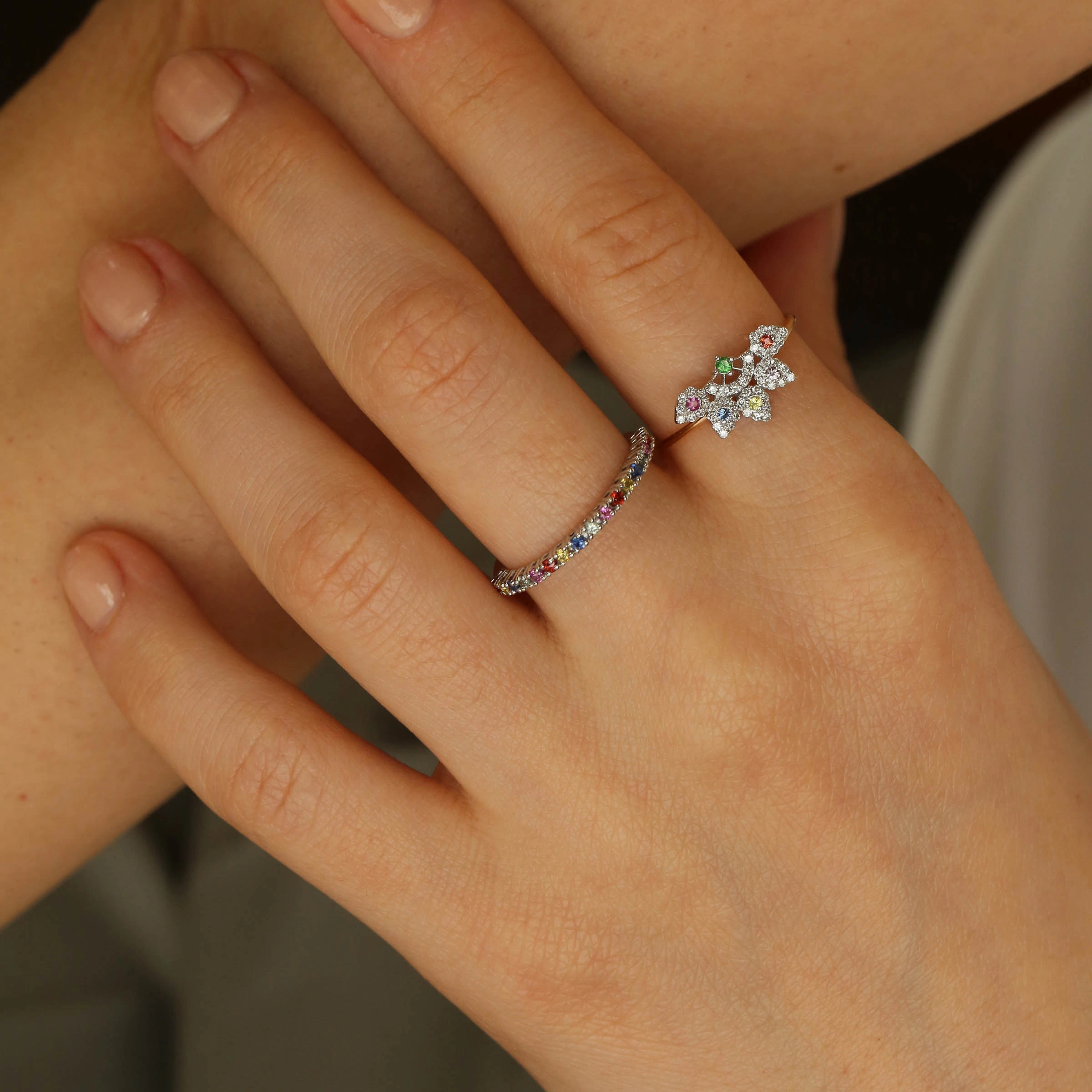 0.27 CT Multicolor Safir Taşlı Yarımtur Beyaz Altın Yüzük - 3