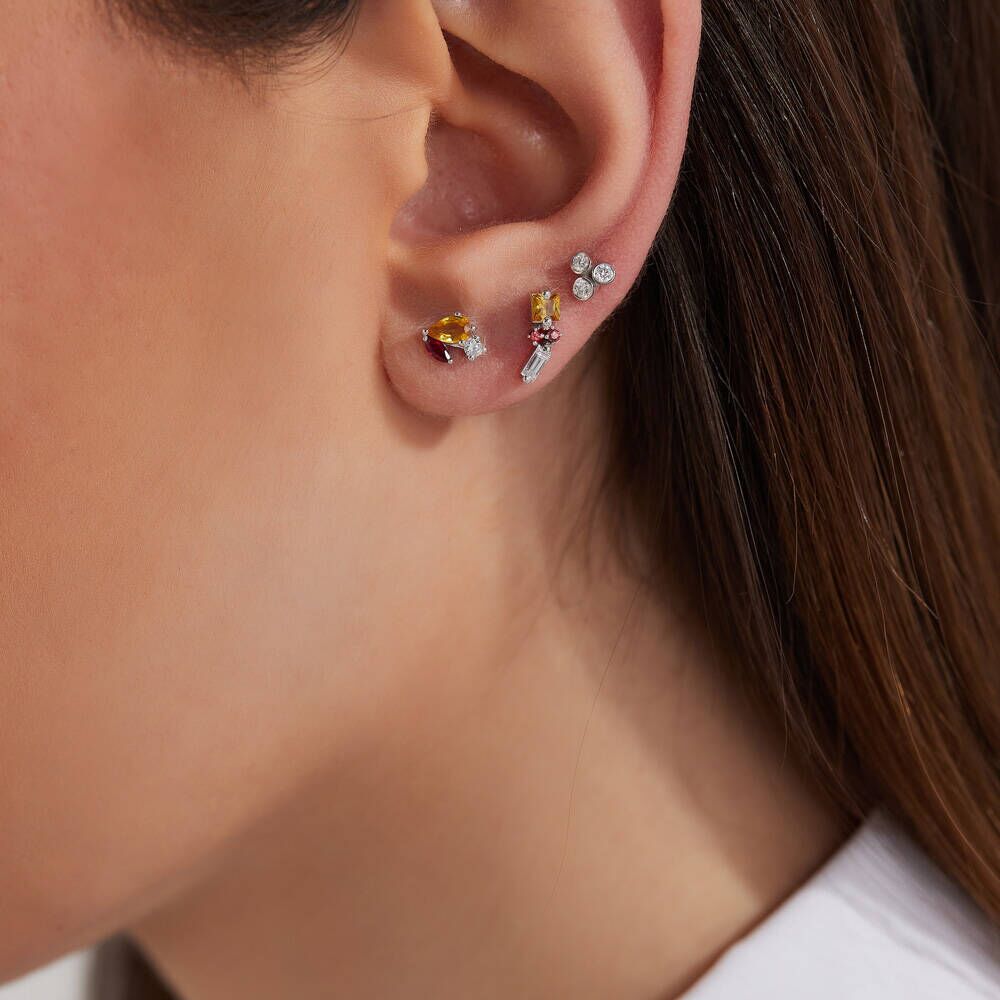 0.29 CT Multicolor Sapphire and Baguette Diamond Mini Single Earring