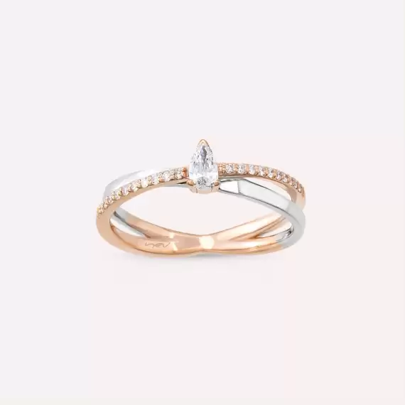 0.26 CT Damla Kesim Pırlanta Taşlı Rose ve Beyaz Altın Yüzük - 3