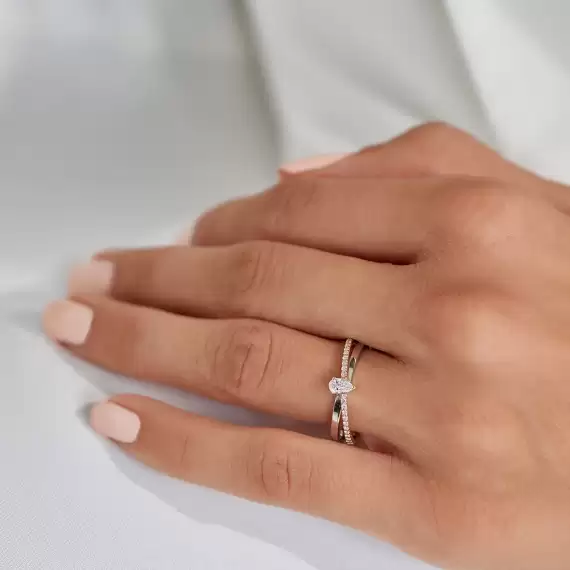 0.26 CT Damla Kesim Pırlanta Taşlı Rose ve Beyaz Altın Yüzük - 2