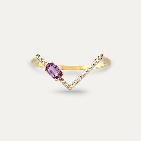 0.38 CT Pink Sapphire and Diamond Yellow Gold Chevron Ring - 1