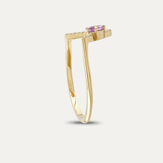 0.38 CT Pink Sapphire and Diamond Yellow Gold Chevron Ring - 3