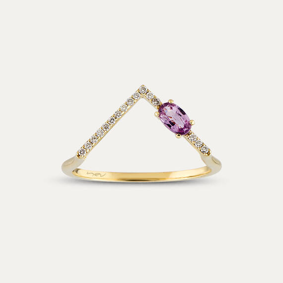 0.38 CT Pink Sapphire and Diamond Yellow Gold Chevron Ring - 4