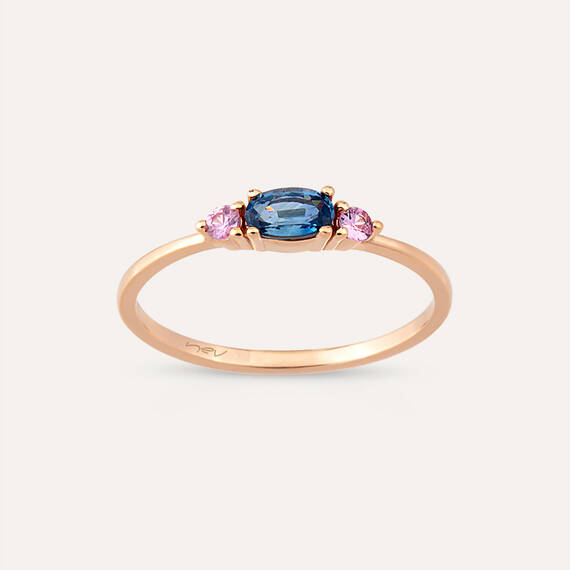 0.40 CT Blue ve Pink Safir Taşlı Rose Altın Yüzük - 3