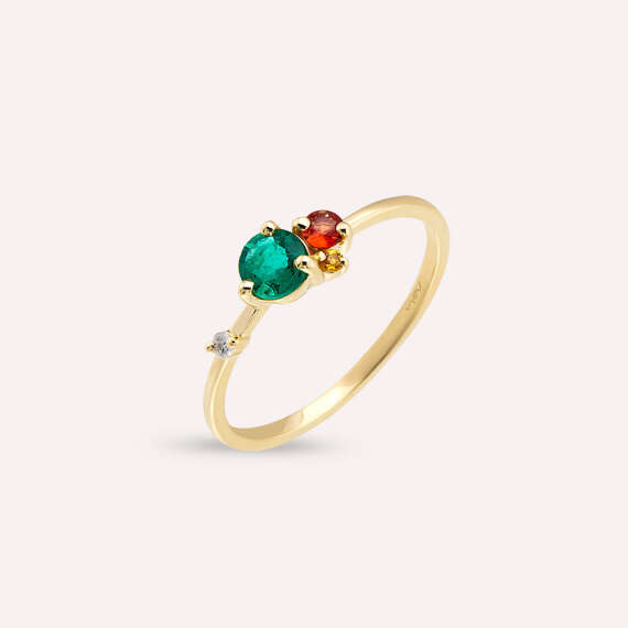 0.47 CT Emerald and Multicolor Sapphire Yellow Gold Ring - 2