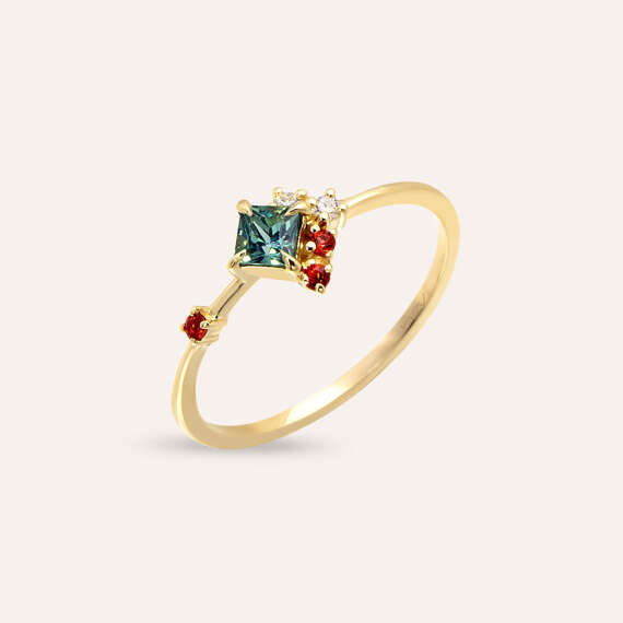 0.43 CT Multicolor Sapphire and Diamond Yellow Gold Ring - 1