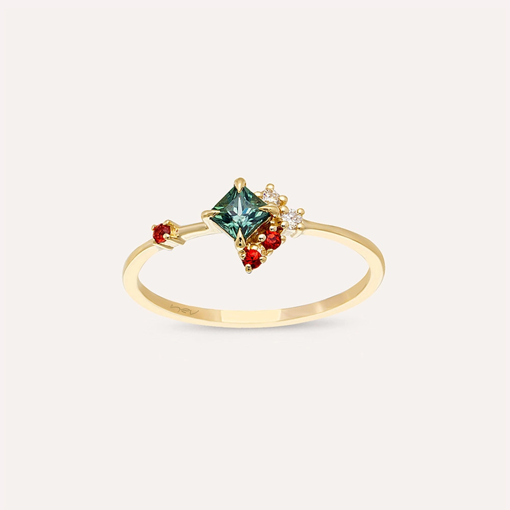 0.43 CT Multicolor Sapphire and Diamond Yellow Gold Ring - 3