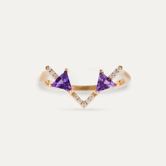 0.44 CT Diamond and Amethyst Rose Gold Chevron Ring - 1