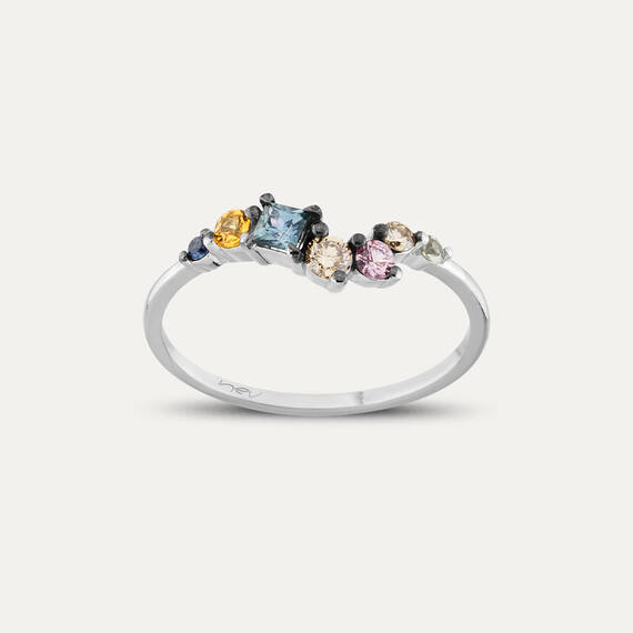 0.62 CT Multicolor Sapphire and Diamond White Gold Ring - 1
