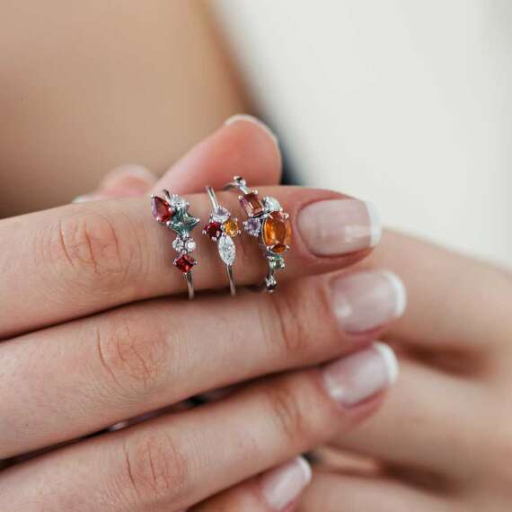 0.91 CT Multicolor Safir ve Pırlanta Taşlı Beyaz Altın Yüzük - 2