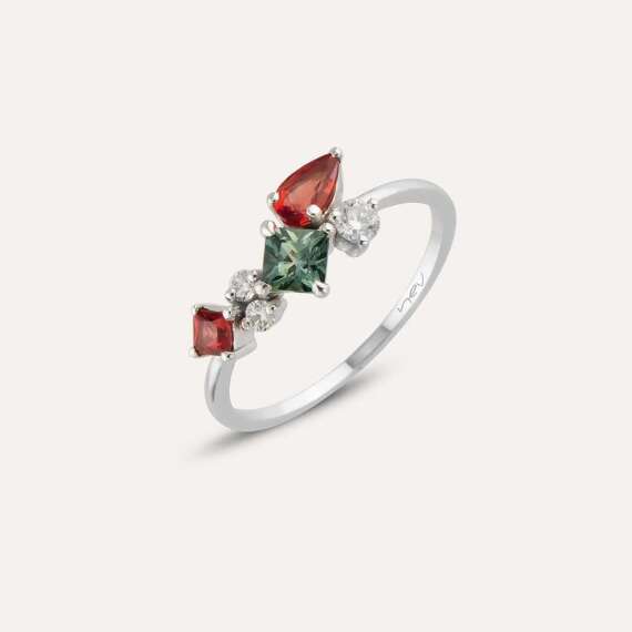 0.91 CT Multicolor Safir ve Pırlanta Taşlı Beyaz Altın Yüzük - 1