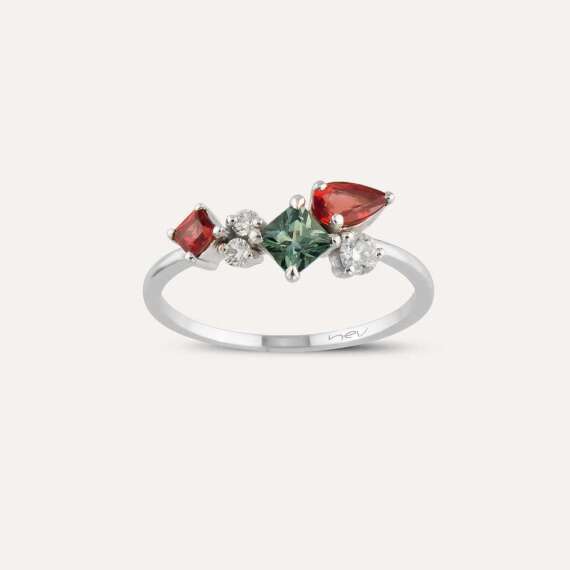 0.91 CT Multicolor Safir ve Pırlanta Taşlı Beyaz Altın Yüzük - 3