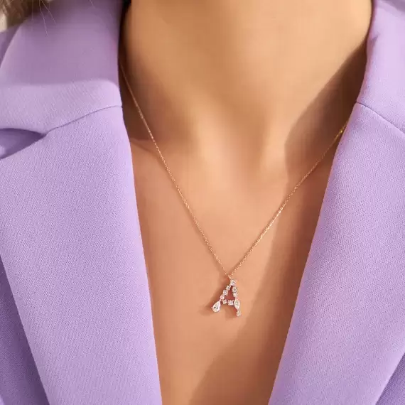 0.53 CT Marquise and Pear Cut Diamond Rose Gold A Letter Necklace - 2