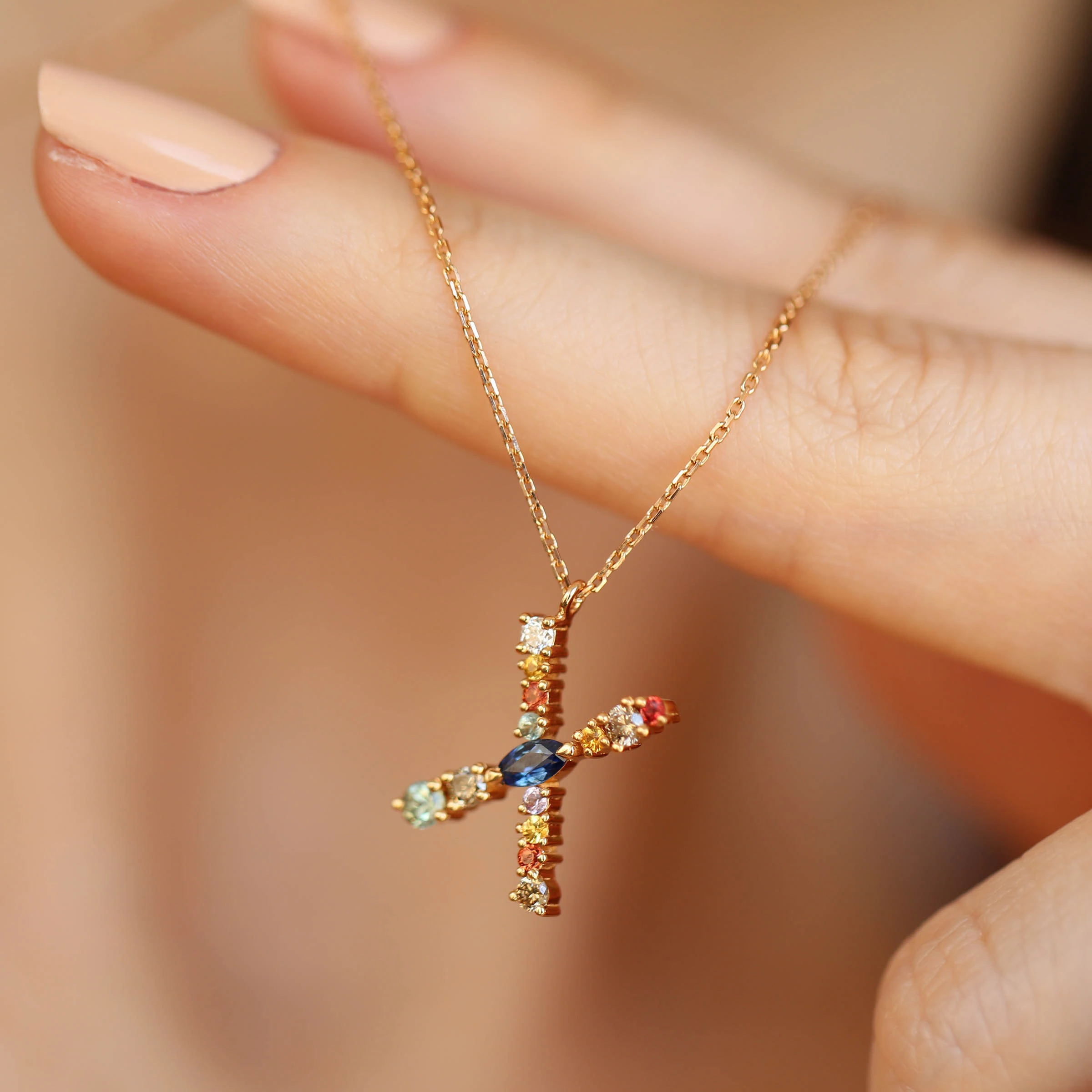 0.57 CT Brown Pırlanta ve Multicolor Safir Taşlı X Harf Kolye - 1