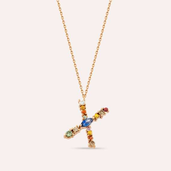 0.57 CT Brown Pırlanta ve Multicolor Safir Taşlı X Harf Kolye - 2