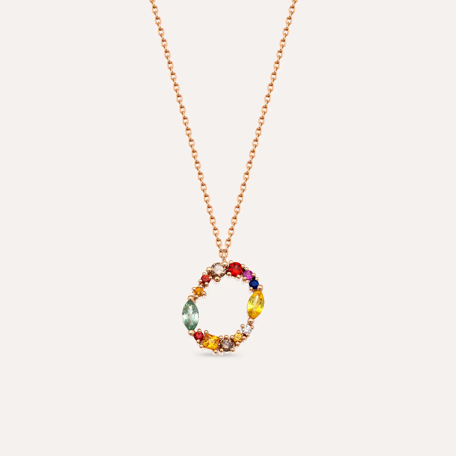 0.76 CT Brown Pırlanta ve Multicolor Safir Taşlı O Harf Kolye - 1
