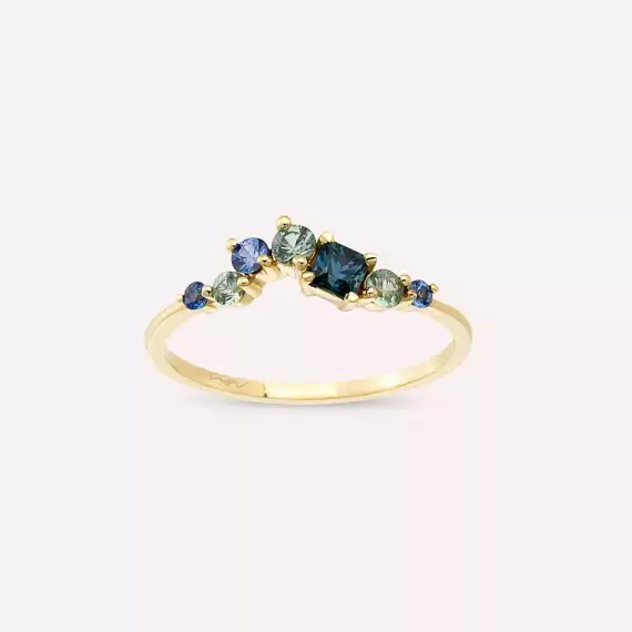 0.62 CT Multicolor Safir Taşlı Sarı Altın Yüzük - 4