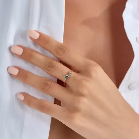0.62 CT Multicolor Safir Taşlı Sarı Altın Yüzük - 2