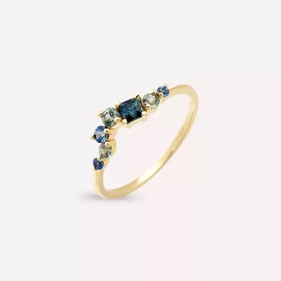 0.62 CT Multicolor Safir Taşlı Sarı Altın Yüzük - 1