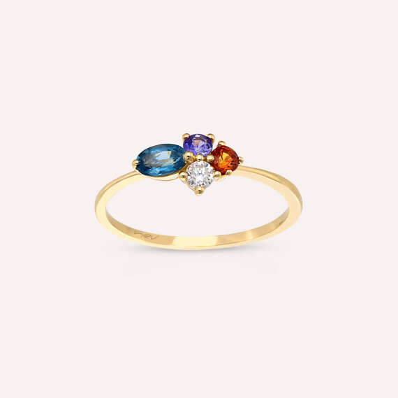 0.62 CT Multicolor Safir ve Pırlanta Taşlı Sarı Altın Yüzük - 1