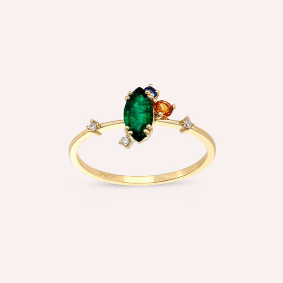 0.64 CT Multicolor Sapphire and Emerald Yellow Gold Ring - 1