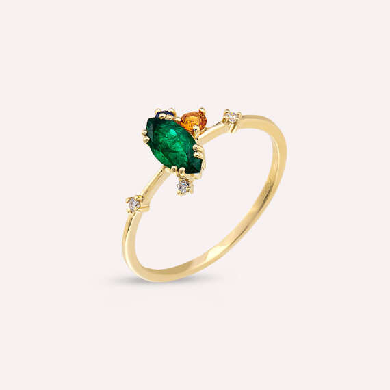 0.64 CT Multicolor Sapphire and Emerald Yellow Gold Ring - 3