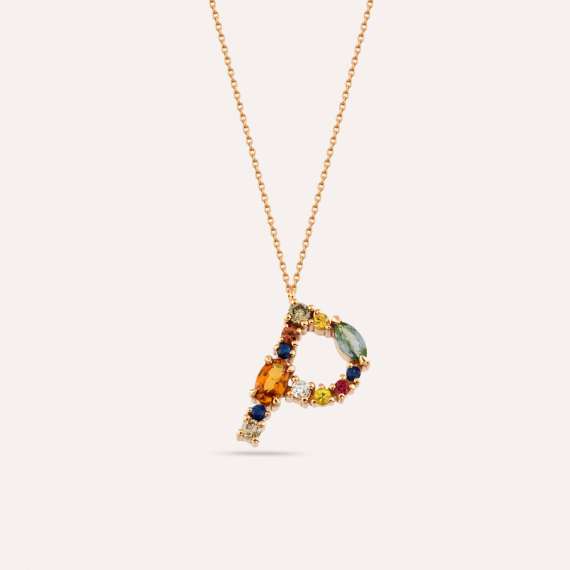 0.78 CT Brown Pırlanta ve Multicolor Safir Taşlı P Harf Kolye - 2