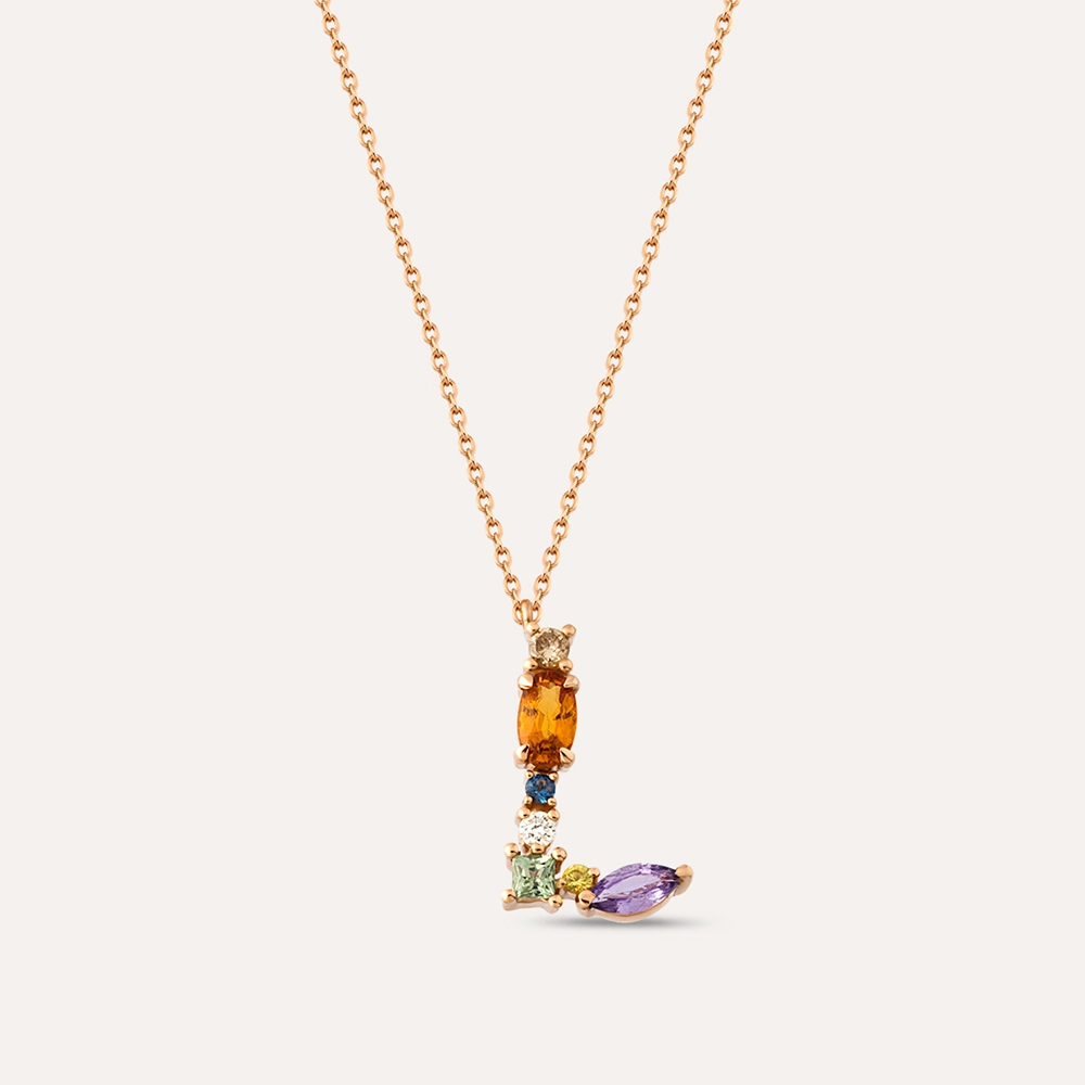 0.65 CT Brown Diamond and Multicolor Sapphire L Letter Necklace - 1