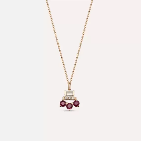 0.70 CT Baguette Cut Diamond and Ruby Rose Gold Necklace - 1