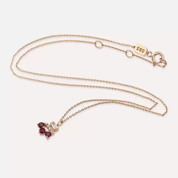 0.70 CT Baguette Cut Diamond and Ruby Rose Gold Necklace - 4