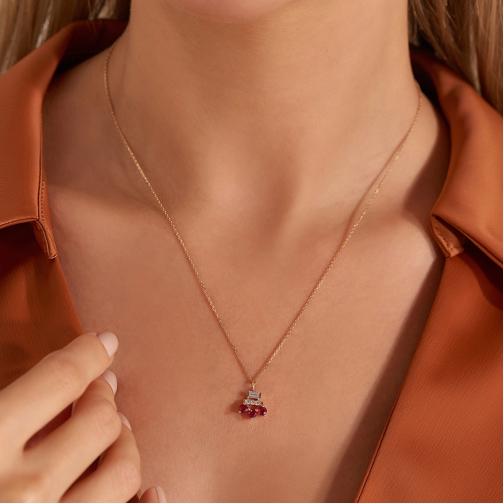0.70 CT Baguette Cut Diamond and Ruby Rose Gold Necklace - 2