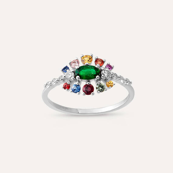 0.79 CT Zümrüt, Multicolor Safir ve Pırlanta Taşlı Yüzük - 3