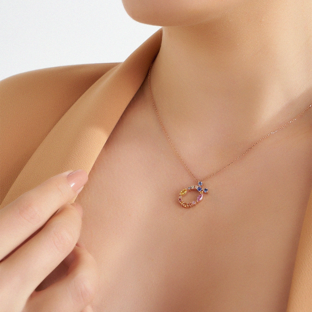 0.89 CT Multicolor Safir ve Brown Pırlanta Taşlı Ö Harf Kolye - 2