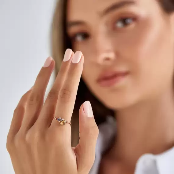 Zoya 0.88 CT Multicolor Safir ve Brown Pırlanta Taşlı Rose Altın Yüzük - 3